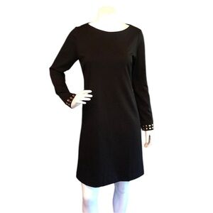 Carmen Marc Valvo black sheath dress gold sleeve accents size M